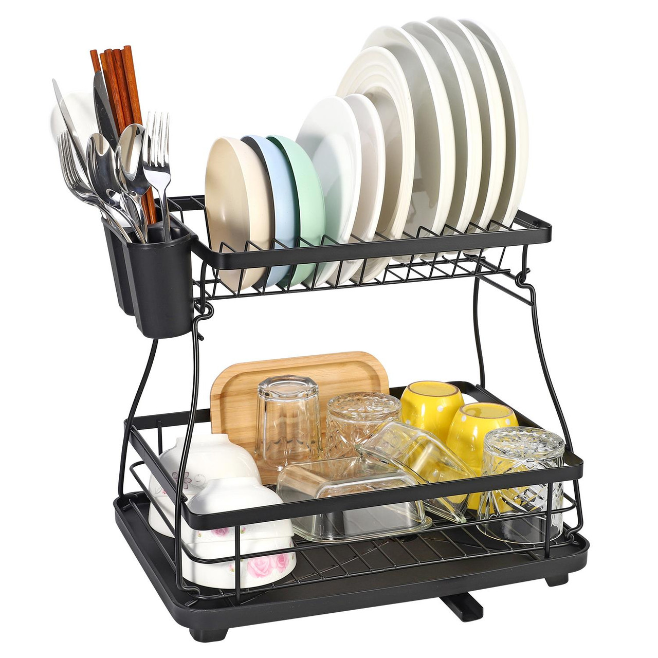 Durane Dish Drainer | 2 Tier Aluminium dish drying rack | Dish Drainer with  Detachable Plastic drip tray |Utensil and Cup Holder |Dish rack for