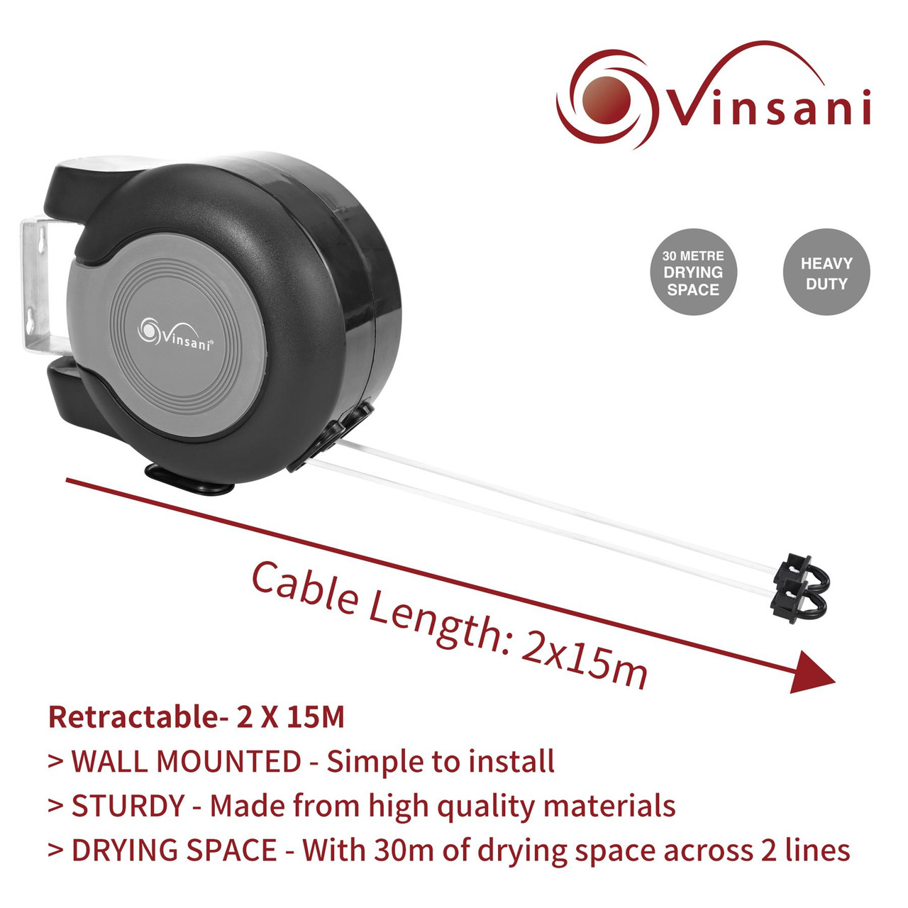 Vinsani 30 metre Retractable Reel Clothes Lines Washing Line with Twin