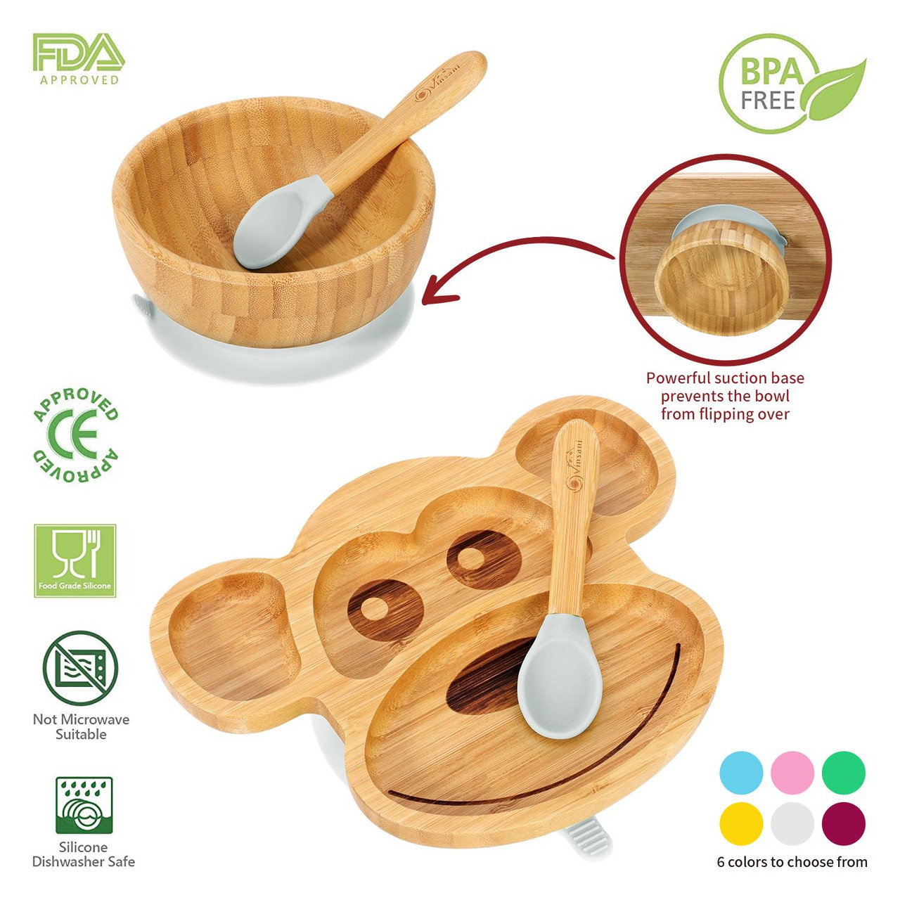 Vinsani Bamboo Monkey Plate Bowl and Spoon Set for Baby/Toddler