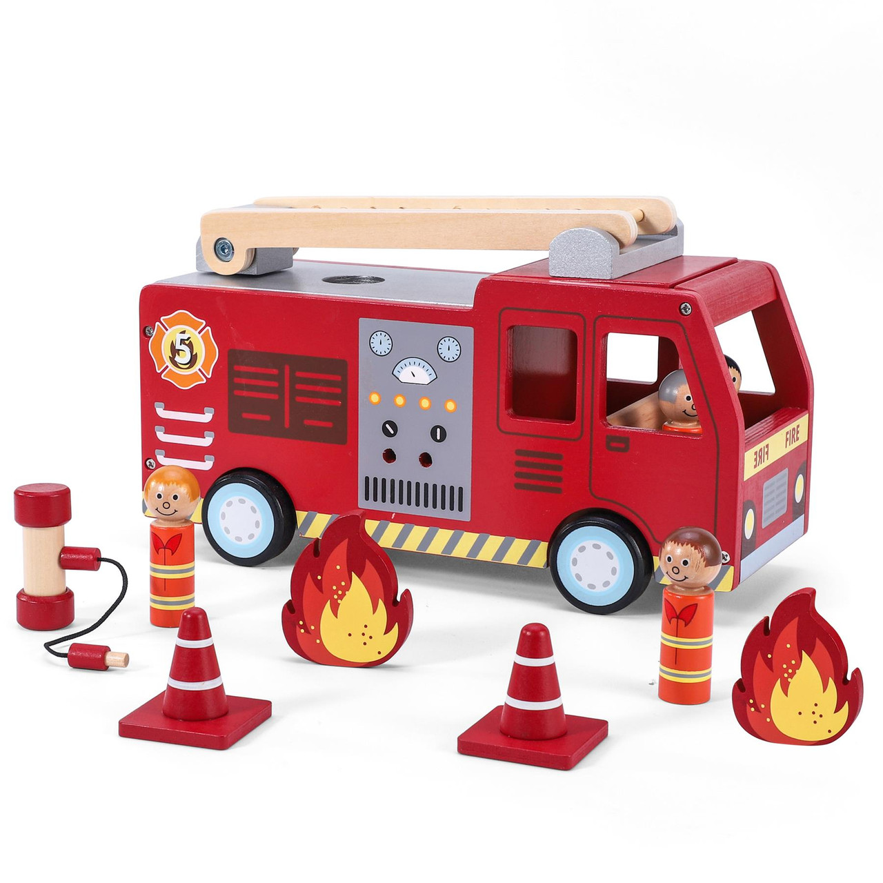SOKA Wooden Fire Engine Truck with Firefighter Figurines Educational  Montessori Blocks Firefight Vehicle Toy Set Gift for Children Kids Boy Girl  Ages