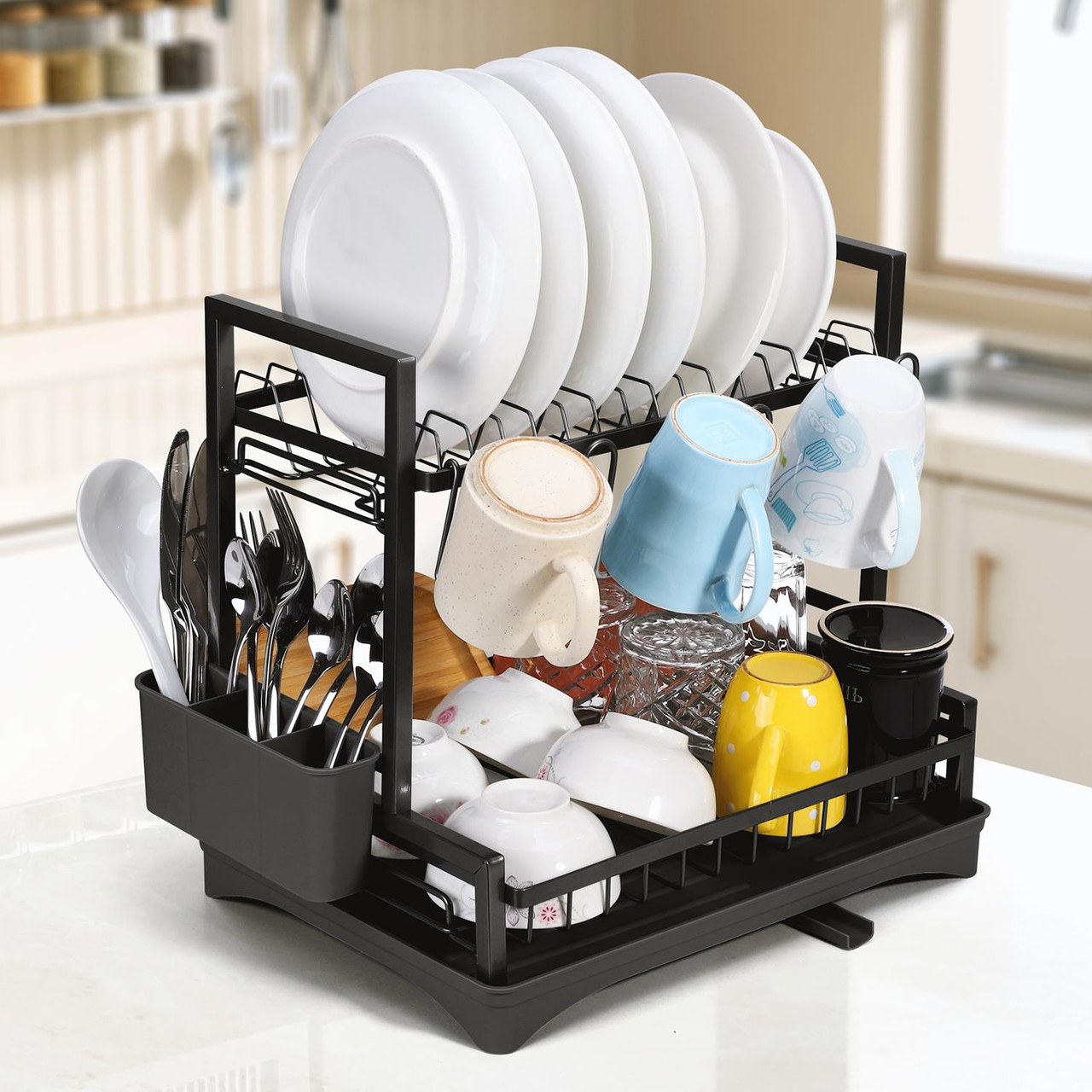 Vinsani Dish Drying Drainer Rack Tier Space Saving Dish Rack Modern Kitchen Drying Rack with Cutlery Holder Auto Drainage System Dish Draining Rack