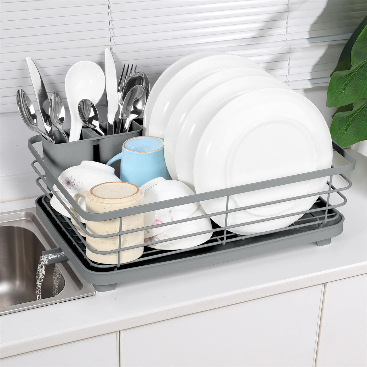 Vinsani Dish Drying Rack Space-Saving Dish Rack Sleek Modern Stainless  Steel Kitchen Drying Rack with Auto Drainage System and Cutlery Holder for 