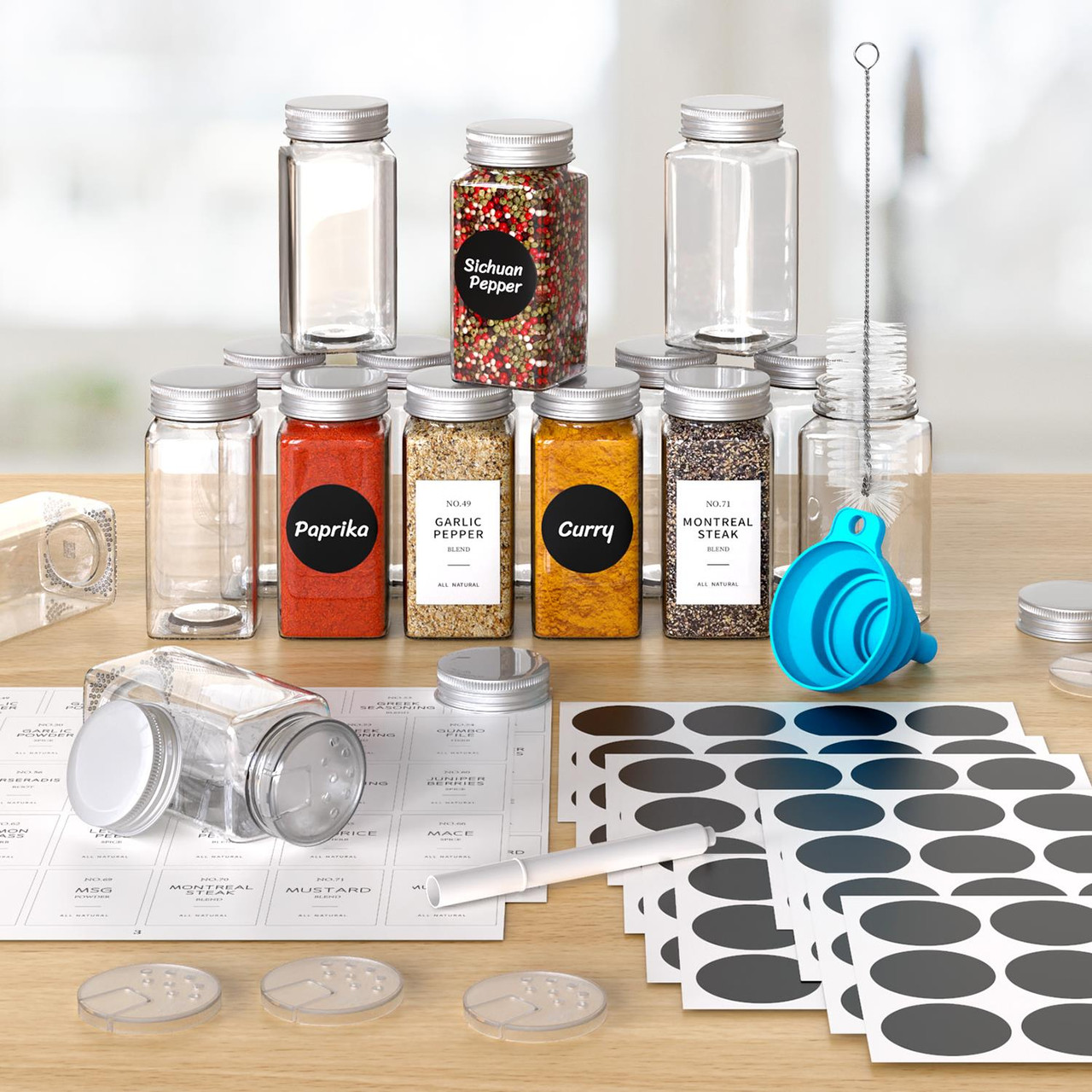 Vinsani 25 Pcs Glass Spice Jars Set 4oz – Airtight Herb Spice Storage  Bottles with Writable Labels, Dual Shaker Lids Funnel – Square Empty Jars 