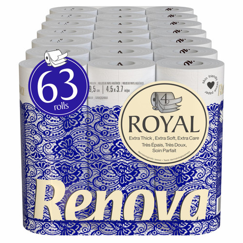 Renova Royal 63 Rolls - 4 Ply Soft Luxury White Toilet Paper Tissue Rolls