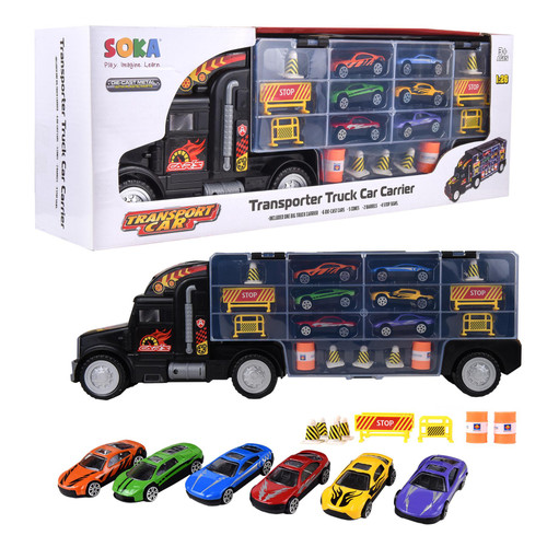 Soka® Car Transporter Carrier Truck Toy - Play Vehicle Set of 1 Big Truck Carrier, 6 Colourful Metal Cars, 5 Cones, 2 Barrels and 4 Stop Signs