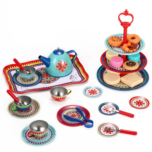 SOKA Vintage Style Afternoon Metal Tea Party Tea Cakes Set Toy for Kids - 40 Pcs Classic Colourful Design Toy Tea Set for Children Role Pretend Play Food