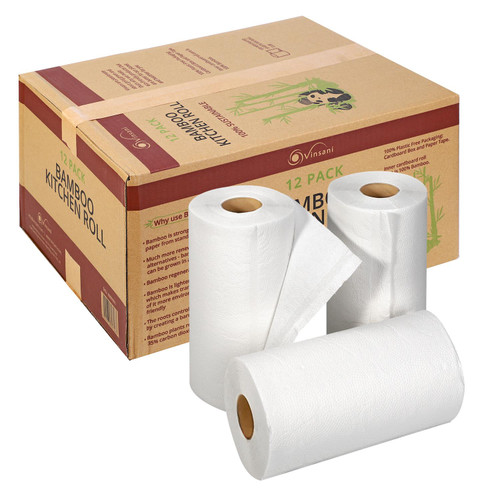 Vinsani Bamboo Kitchen Towels – 12 Rolls of Super Absorbent, Eco-Friendly & 100% Natural Kitchen Tissues in Environment Friendly Packaging, 1200 Sheets Total