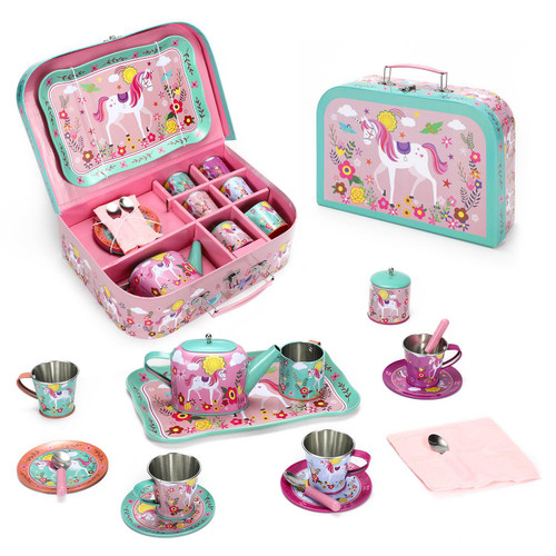 SOKA Unicorn Metal Tin Teapot Set with Carry Case Toy for Kids - 18 Pcs Illustrated Colourful Design Toy Tea Party Set for Boys Girls Pretend Role Play