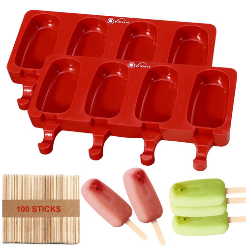 Vinsani Ice Lolly Moulds Silicone 2 x 4 Cavity Ice Cream Lolly Mould, Ice Lolly Makers with 100 Sticks, Food Grade BPA Free Ice Cream Mould for frozen Dessert Chocolate Cake Popsicle Tray Home Kitchen Tools DIY Layer Ice Cream Lolly Tray