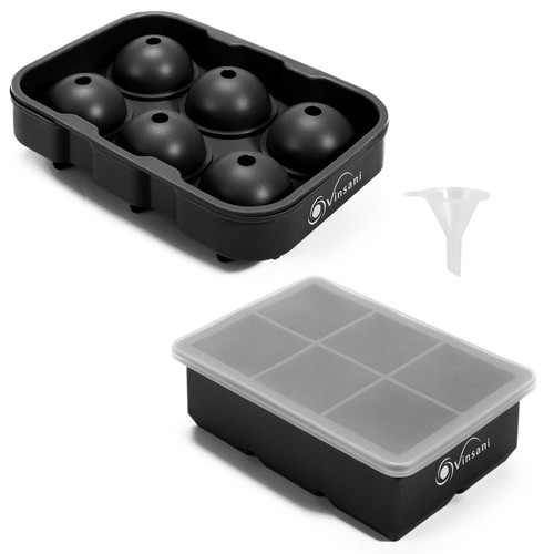 Vinsani 2 Pack Ice Cube Tray with Removable Lid Easy-Release Silicone Flexible Ice Ball Mould and Square Ice Cube Maker LFGB Certified and BPA Free Stackable Durable – Black