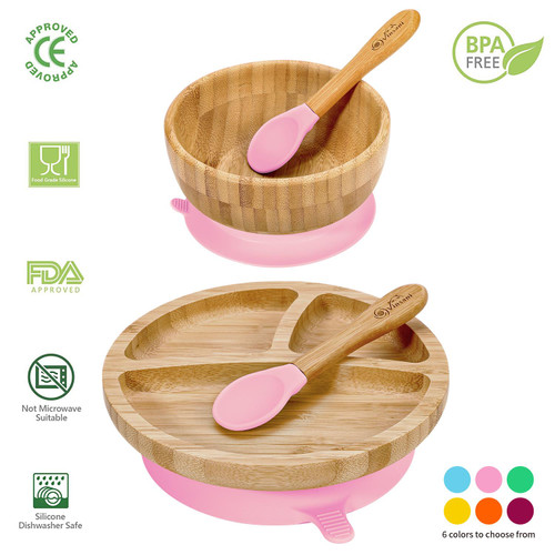 Vinsani Bamboo Bowl, Round Plate and Spoon Set for Baby/Toddler, Suction Plate, Stay-Put Design, Hypoallergenic and BPA-Free
