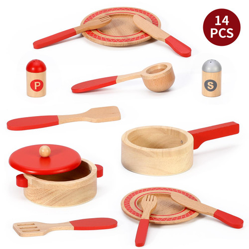 SOKA Wooden Kitchen Red 14PC Cooking Set Interactive Pretend Role Playset Early Developmental Kitchen Miniature Educational Preschool Learning Toy for Children Kids Girls Ages 3 year old +