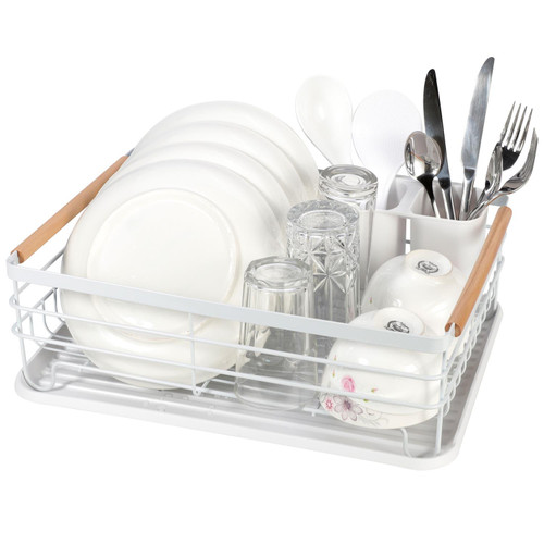 Navaris Dish Drainer Rack - Plate, Cutlery, Pots and Pans Drying Rack for  Kitchen - Modern Retro Design Drip Tray with Metal Rack - White
