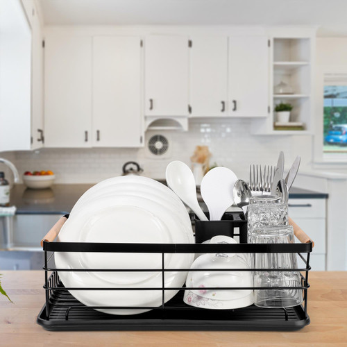 Black Dish Rack with Wood Handles