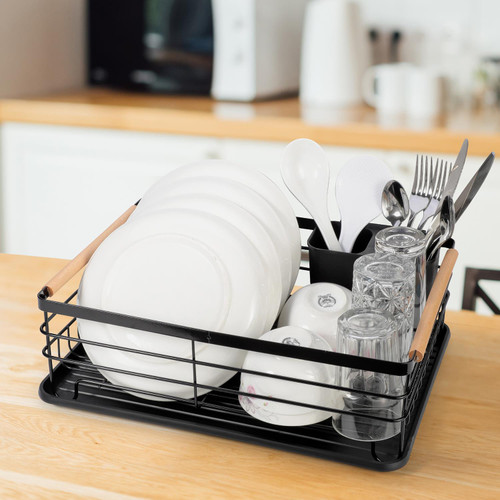 Black Dish Rack with Wood Handles