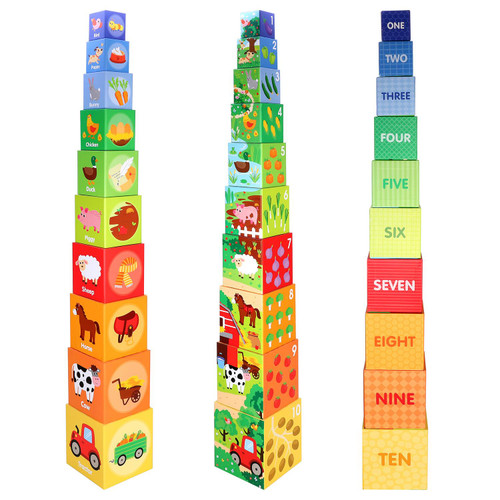 SOKA 10pcs Farm Animals Stacking Cubes Balancing Building Farm Animal Boxes Educational Developmental Montessori Learning Blocks Toy Set Gift for Kids Toddlers Children Boy Girl Ages 12 month old +