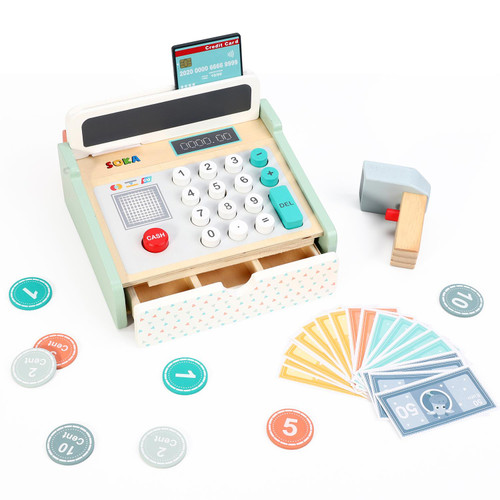 SOKA Wooden New Cash Register Classic Cashier Role Play Supermarket Shopping Checkout Money Till Toy Educational Learning Pretend Playset Perfect Gift for Kids Children Girls Boys 3 year old +