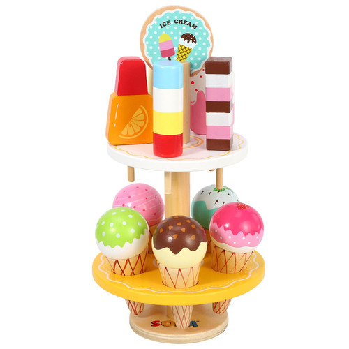 SOKA Wooden 21 Pieces Ice Cream Stand Popsicle Collection Pretend Role Play Set Game Colourful Variety Lolly Shop Food Stand Toy Set for Kids Children Girl Ages 3 year old +