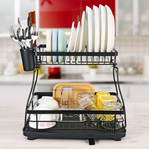 Navaris Dish Drainer Rack - Plate, Silverware, Pots and Pans Drying Rack for Kitchen with Beechwood Handles - Modern Retro Design Drip Tray - Black