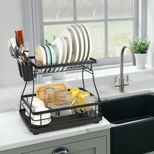Vinsani Black Dish Drainer Rack 2-Tier Modern Detachable Drying Rack with  Auto Drainage System Drip Tray Board Removable Cutlery Holder, Minimalist  Dish Draining Rack for Kitchen Sink Countertop - Vinsani Ltd.