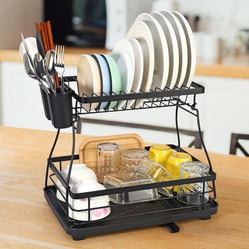 Vinsani Black Dish Drainer Rack 2-Tier Modern Detachable Drying