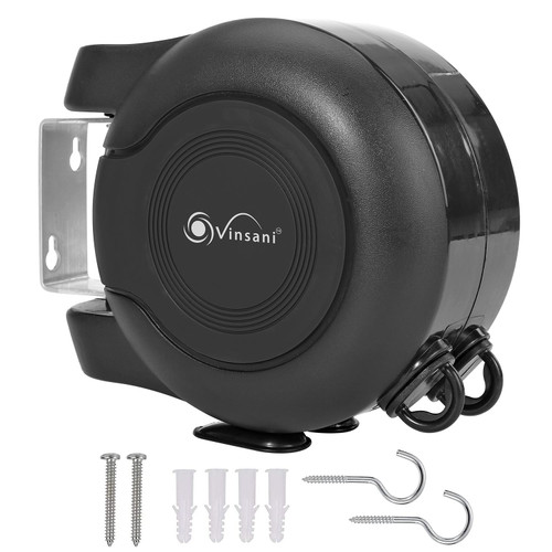 Vinsani 30 metre Retractable Reel Clothes Lines Washing Line with Twin Cable - Wall Mounted Heavy Duty Clothes Dryer 2 x 15m Lines of Drying Space, Full Black