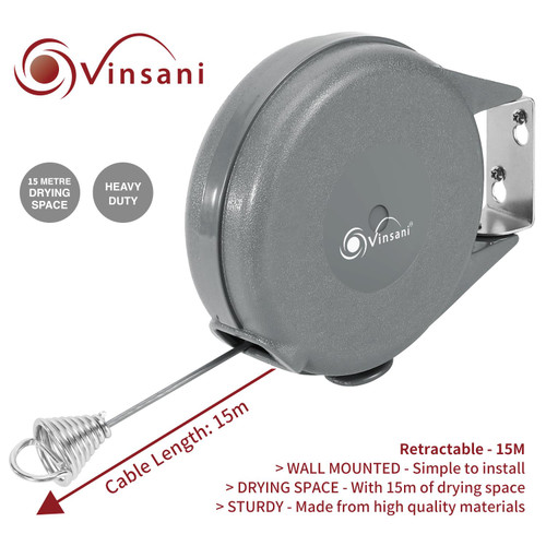 Vinsani 15 Metre Retractable Reel Clothes Lines Washing Line Wall