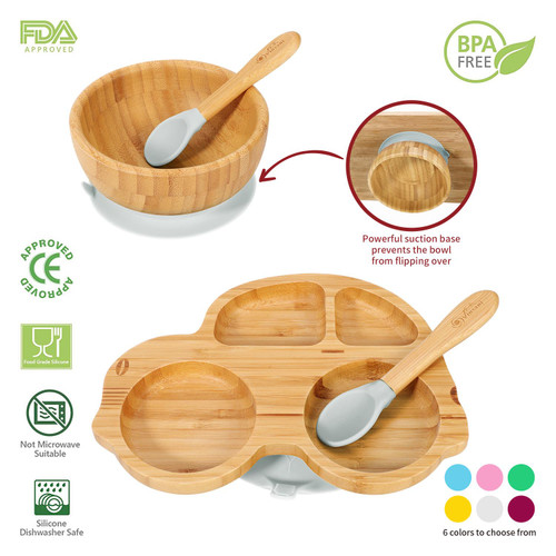 Vinsani Bamboo Car Plate Bowl and Spoon Set for Baby/Toddler, Suction Plate, Stay-Put Non-Slip Base Design, Hypoallergenic, Food-grade Silicone and BPA-Free Baby Feeding Set