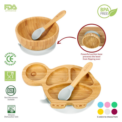 Vinsani Bamboo Turtle Plate Bowl and Spoon Set for Baby/Toddler, Suction Plate, Stay-Put Non-Slip Base Design, Hypoallergenic, Food-grade Silicone and BPA-Free Baby Feeding Set