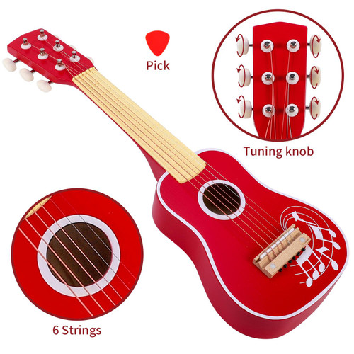 SOKA Wooden Red Guitar Musical Instrument Pretend Play Music Toy Interactive Role Play Game Early Developmental Gift for Children Toddler Kids Boys