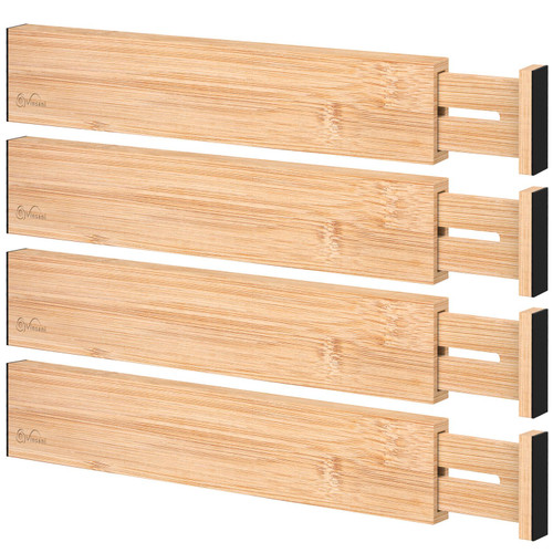 Vinsani Bamboo Drawer Dividers Set of 4 Spring-Loaded Drawer Organiser Expandable Adjustable Drawer Separator Partitions for Kitchen Utensils Clothes Dresser Tools Home and Office 