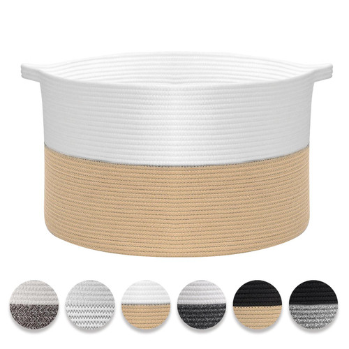 Vinsani Laundry Basket Natural Cotton Hand-Woven Rope Hamper Two Tone Scandinavian Home Décor Minimalist Aesthetic Storage For Clothes Baby Toys Nursery Bathroom and Bedroom Use