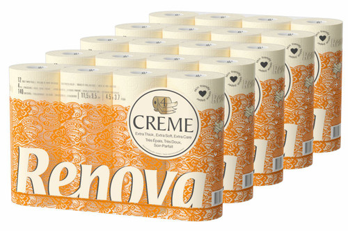 Renova Luxury Cream 4Ply Toilet Tissue Paper Rolls 12 x 5 packs (60 Rolls)