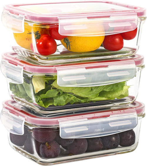 Vinsani Glass Food Storage 840ML 3 / 5-Pack Containers Rectangle Food Meal Prep Lunch Boxes with Lids Airtight Heat Resistant Leakproof Lid BPA-Free Dishwasher Microwave Freezer Safe