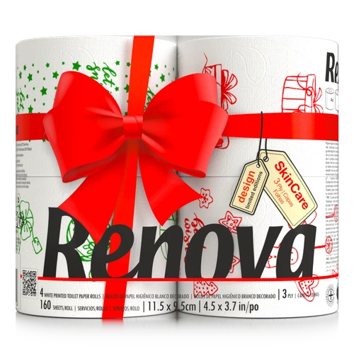 Renova Festive Christmas Toilet Rolls – Soft & Absorbent Holiday Tissue with Unique Illustrations | 4-Pack | 160 Sheets Per Roll 