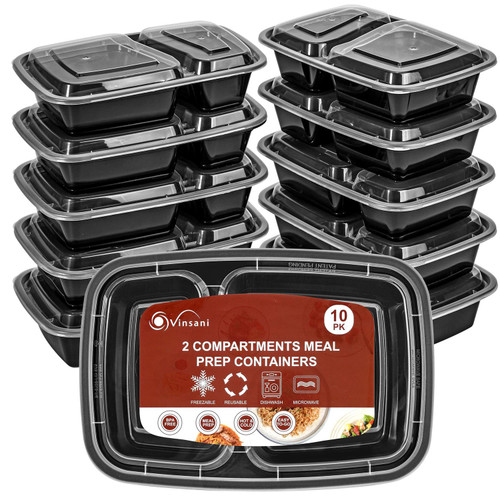 Vinsani 2 Compartment Meal Prep Containers – 10/20/30 Pack 30oz BPA-Free Reusable Plastic Food Storage Trays with Lids, Stackable Bento Lunch Boxes – Microwave, Freezer & Dishwasher Safe