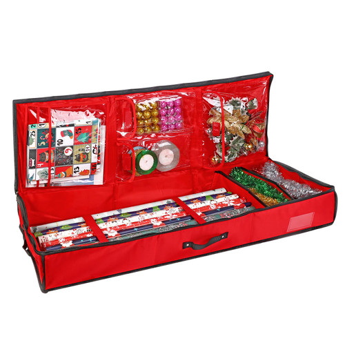 Vinsani Large Christmas Gift Wrap Storage Bag Flexible Compartments – Waterproof Fabric Organiser for Wrapping Paper Rolls, Gift Tags, Bows & Accessories – Durable Red Storage Solution (103x36x13cm)
