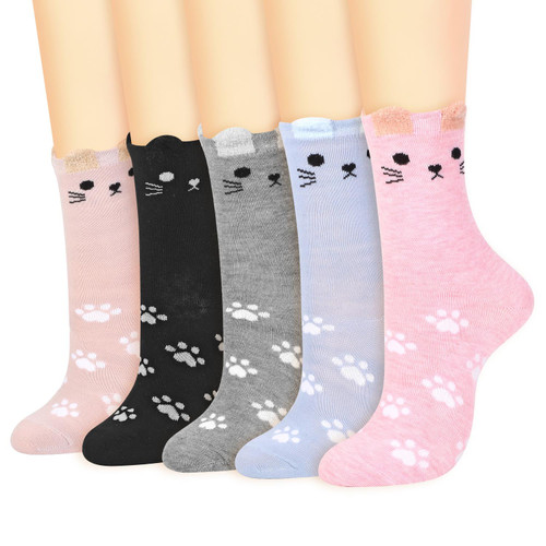 Vinsani 5-Pair Pack Cute Animal Print Socks Fun Colorful Combed Cotton Socks One Size Fits All Soft Breathable Comfortable Lightweight Everyday Socks for School Work Travel Parties Casual Wear