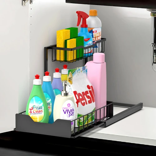 ​​Vinsani Metal Under Sink Storage Rack – 2-Tier Under Sink Caddy Kitchen Organiser with Sliding Drawer & Removable Basket | Heavy Duty Kitchen Bathroom Cupboard Organiser with Suction Cups Plus Size