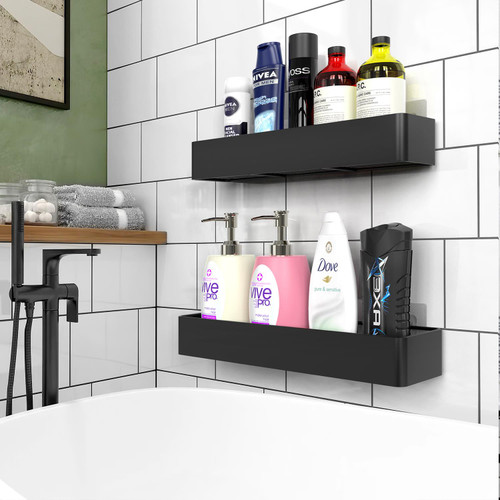 Vinsani 2 Pack Rustproof Shower Caddy Shelf – Quick-Dry & Drill-Free Bathroom Organiser with 4 Hooks | Large Wall Mounted Adhesive Storage Rack for Shampoo, Soap & Accessories