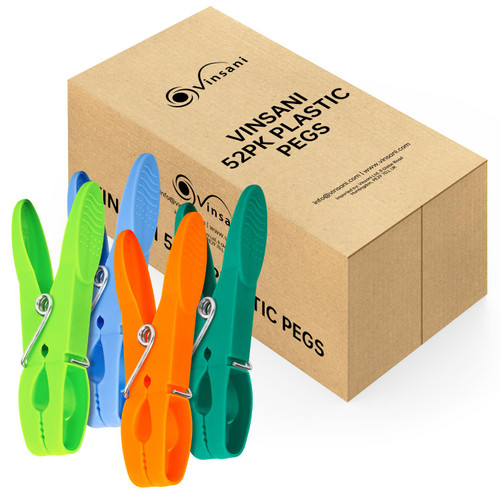 Vinsani Clothes Pegs for Washing Line - Non-Slip Heavy Duty Strong Plastic Washing Pegs with Secure Grip - Indoor Outdoor Plastic Pegs for Sheets Towels Delicates Large Laundry Pegs - 52 pcs