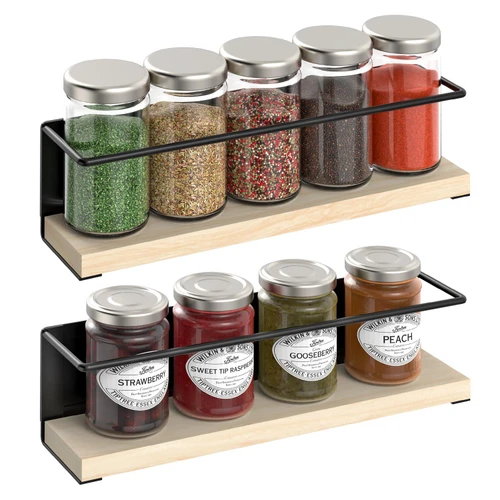 Vinsani 2 Pack Magnetic Spice Rack – Strong Magnet Herb & Jar Holder | Hanging Rack Wall Mounted No Drill Spice Organiser with Solid Wood Shelf, Modern Minimalist Design – 29.5 x 6.5 x 8cm
