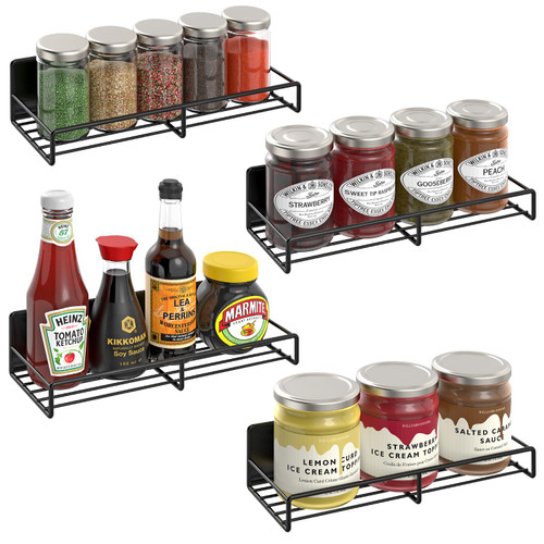 Vinsani 4 Pack Magnetic Spice Rack – Strong No Drill Fridge Storage Shelf | Wall Mounted Metal Herb Jar Holder for Kitchen Organisation – Heavy Duty 11lbs Load, 30x11x6.8cm, Modern Black Design
