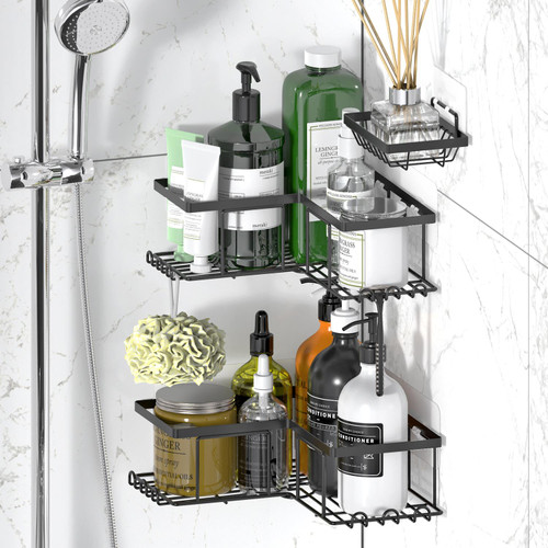 Vinsani 3-Pack Corner Shower Caddy – No Drilling Bathroom Shelf Set with Soap Holder & Hooks | Rustproof Bathroom Accessories Stainless Steel Storage Rack for Shower, Kitchen & Home Décor