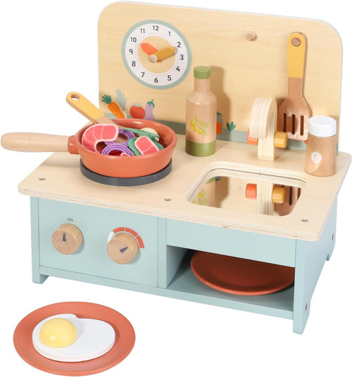 SOKA Tabletop 18pc Wooden Tabletop Kitchen Cooking Set Interactive Pretend Role Playset Early Developmental Kitchen Miniature Educational Preschool Learning Toy for Children Kids Girls Ages 3 year +