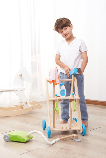 Lelin 11PC Wooden Toy Cleaning Cart Trolley Pretend Play Set for Kids Lelin 11PC Wooden Toy Cleaning Cart Trolley Pretend Play Set for Kids