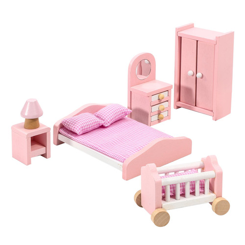 SOKA Wooden Pink Bedroom Playset Pretend Play Doll House Furniture