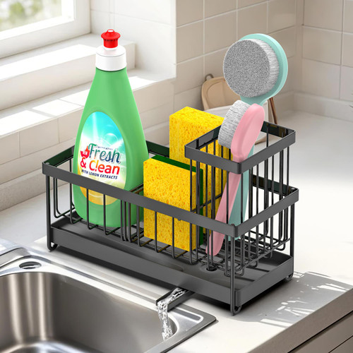 Kitchen Sink Organizer Caddy With Drain Tray - Stainless Steel & Plastic, Adjustable Dividers, Brush Holder