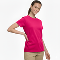 Young woman smiling, wearing a fushia 100% cotton semi-fitted short sleeve t-shirt, perfect for custom printing or casual wear.