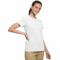 Young woman smiling, wearing a white 100% cotton semi-fitted short sleeve t-shirt, perfect for custom printing or casual wear.